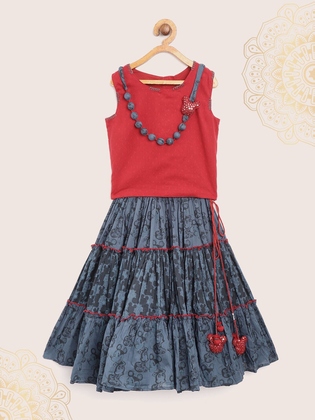 

Biba Girls Red & Navy Blue Solid Top with Skirt & Necklace