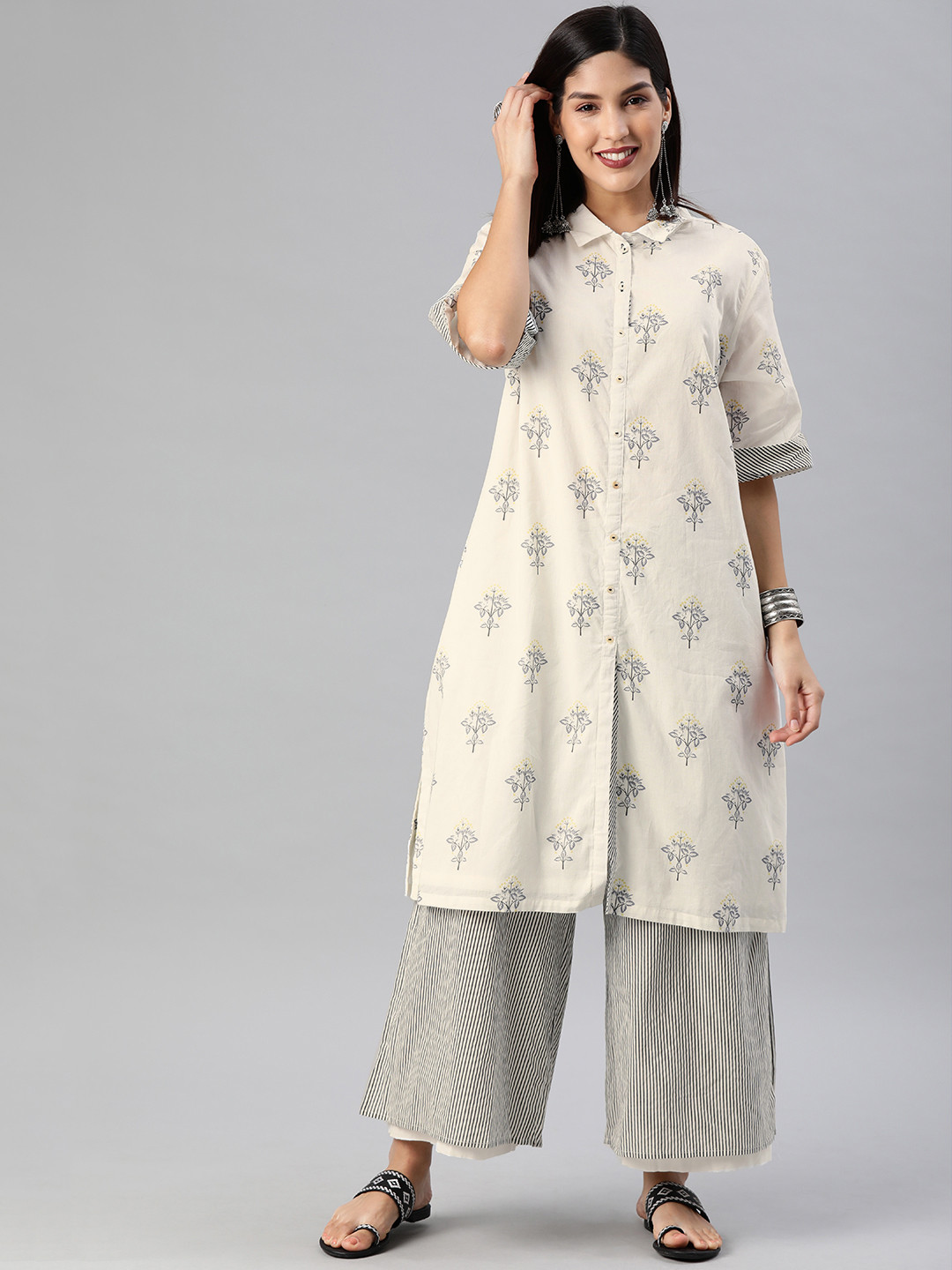 

Biba Women Off-White & Grey Printed Kurta with Palazzos