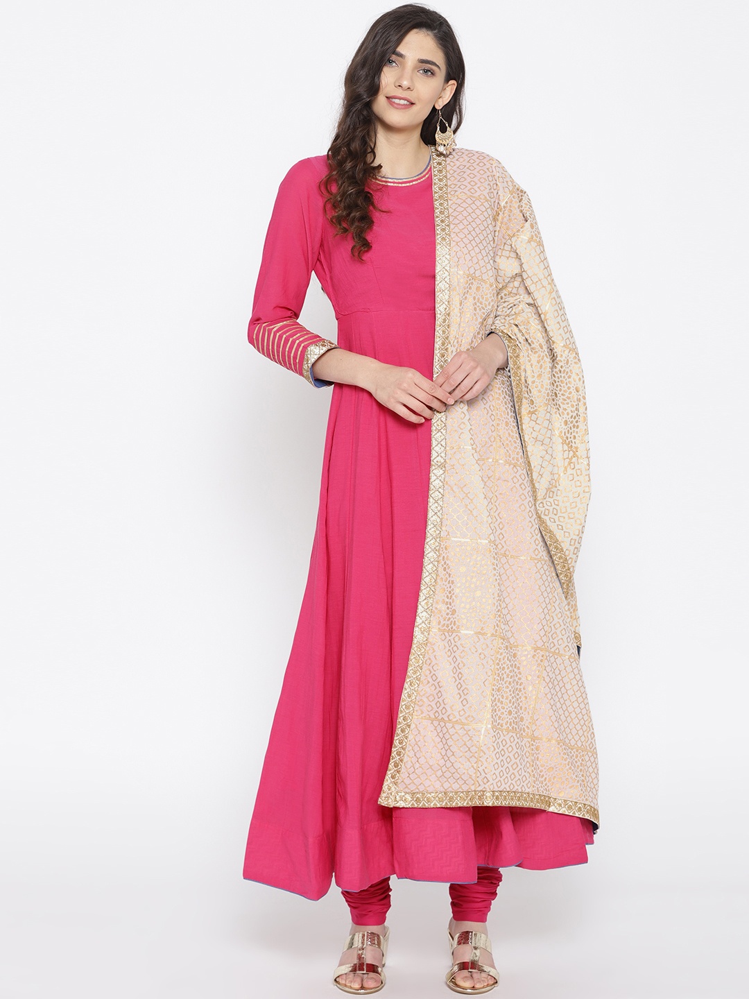 

Biba Women Pink & Off-White Solid Kurta with Churidar & Dupatta