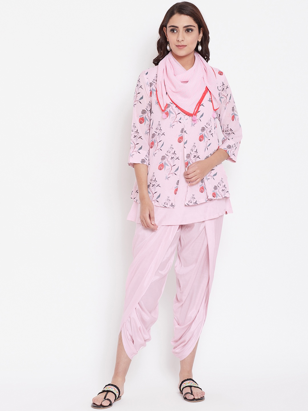 

Biba Women Pink Printed Kurti with Dhoti Pants & Scarf