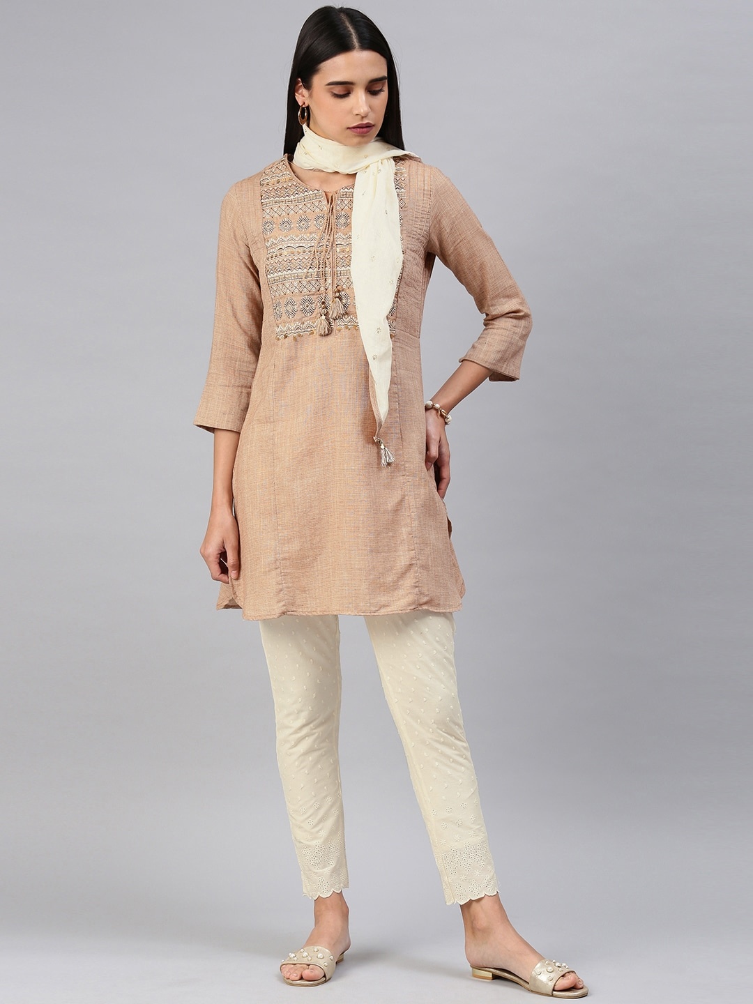 

Biba Women Beige & Cream-Coloured Embroidered Kurta with Trousers & Dupatta