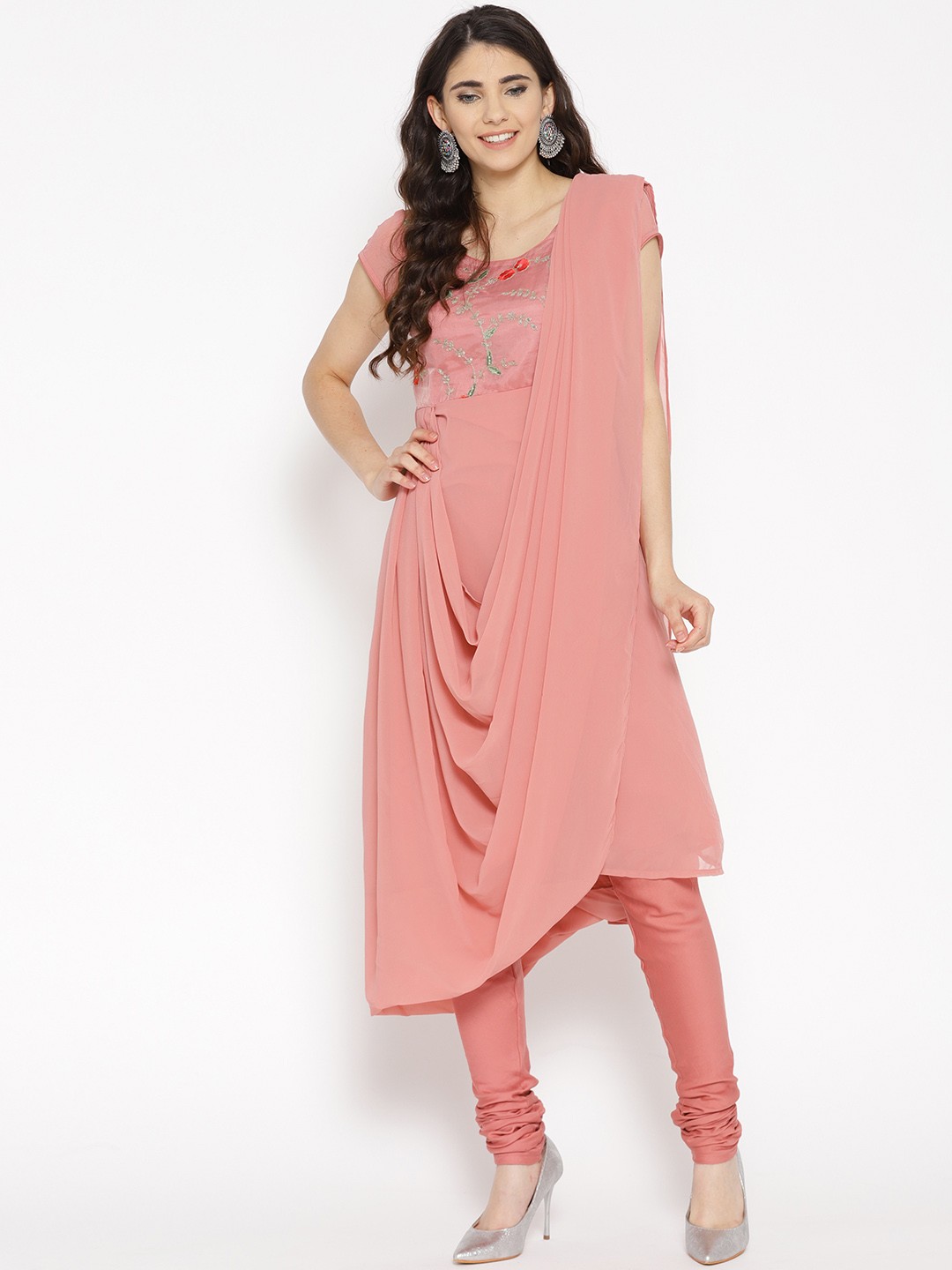 

Biba Women Dusty Pink Yoke Design Kurta with Churidar & Dupatta
