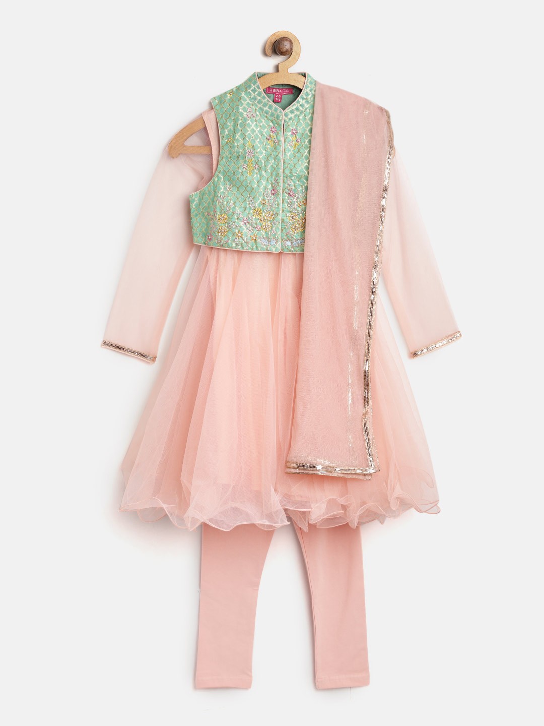 

Biba Girls Peach-Coloured & Green Solid Kurta with Churidar, Dupatta & Ethnic Jacket