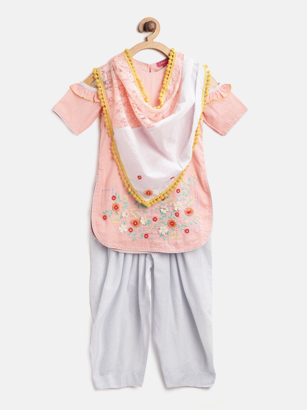 

Biba Girls Peach-Coloured & White Embroidered Kurta with Salwar & Dupatta