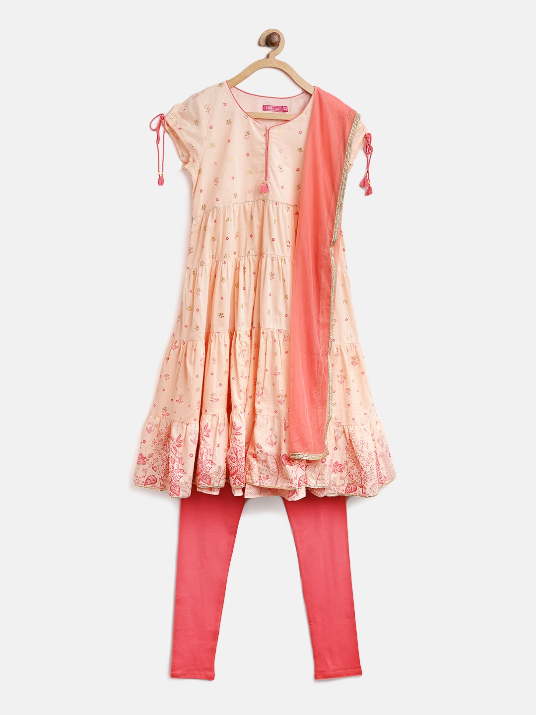 

Biba Girls Peach-Coloured Printed Kurta with Churidar & Dupatta