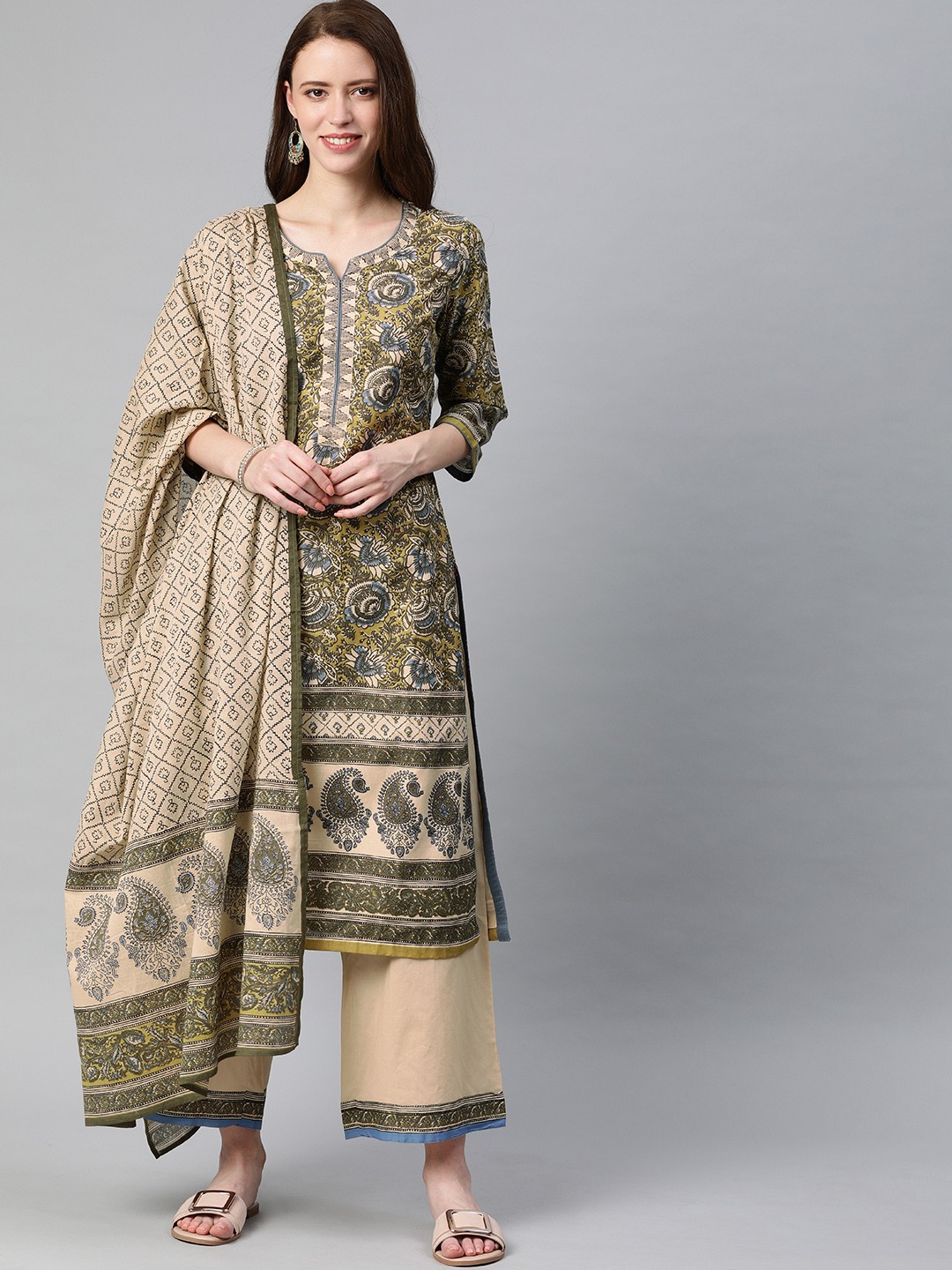 

Biba Women Beige & Blue Printed Kurta with Palazzos & Dupatta