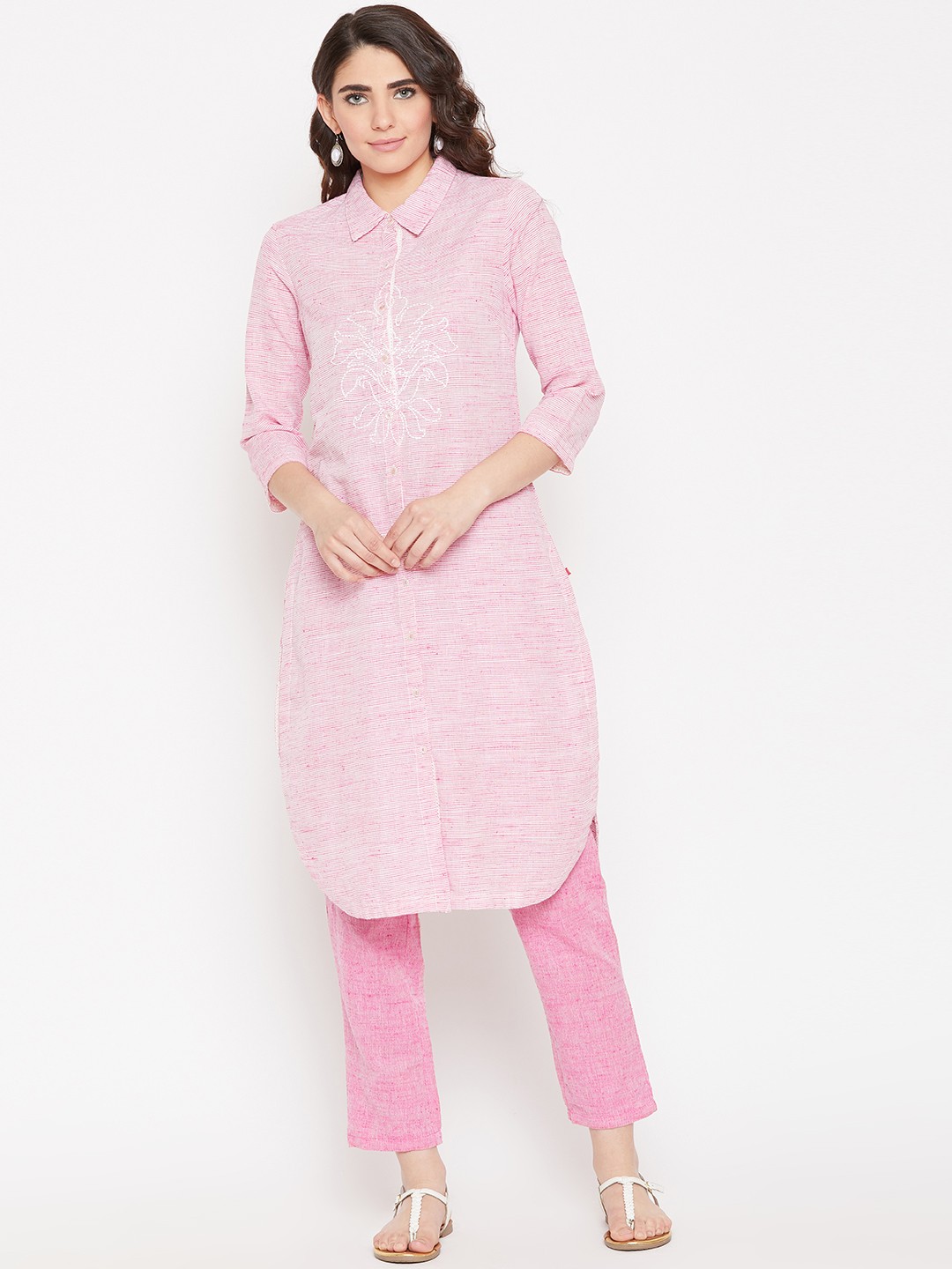 

Biba Women Pink & White Striped Kurta with Trousers