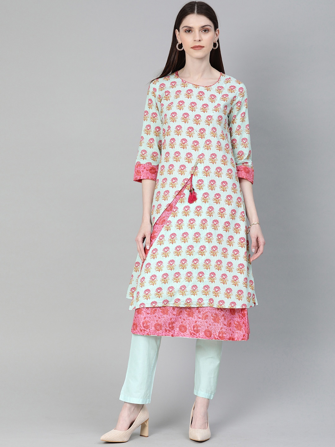 

Biba Women Blue & Pink Printed Layered Kurta with Trousers