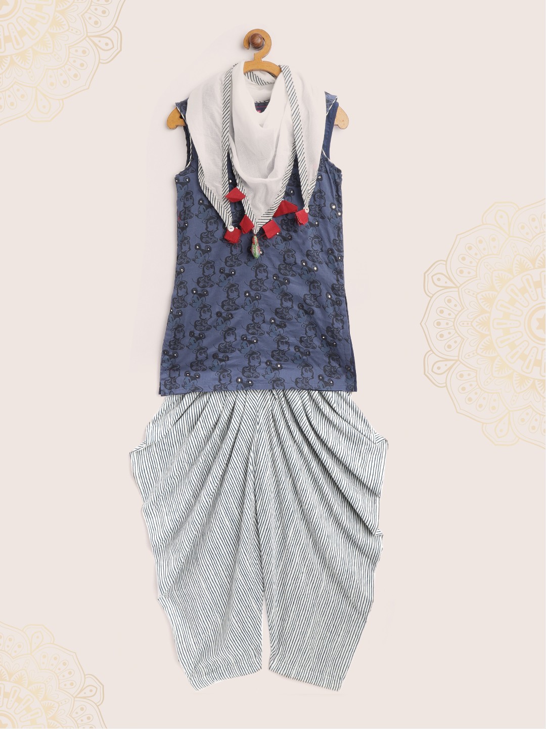 

Biba Girls Navy Blue Printed Kurti with Off-White Striped Dhoti Pants & Dupatta