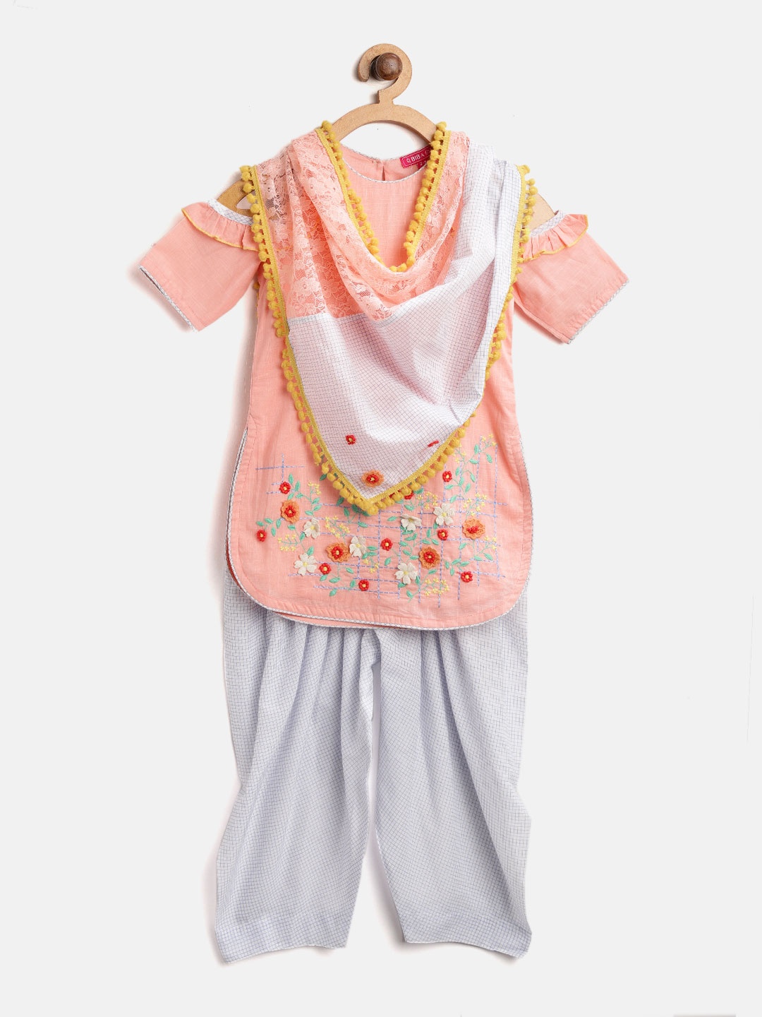 

Biba Girls Peach-Coloured & White Embroidered Kurta with Salwar & Scarf