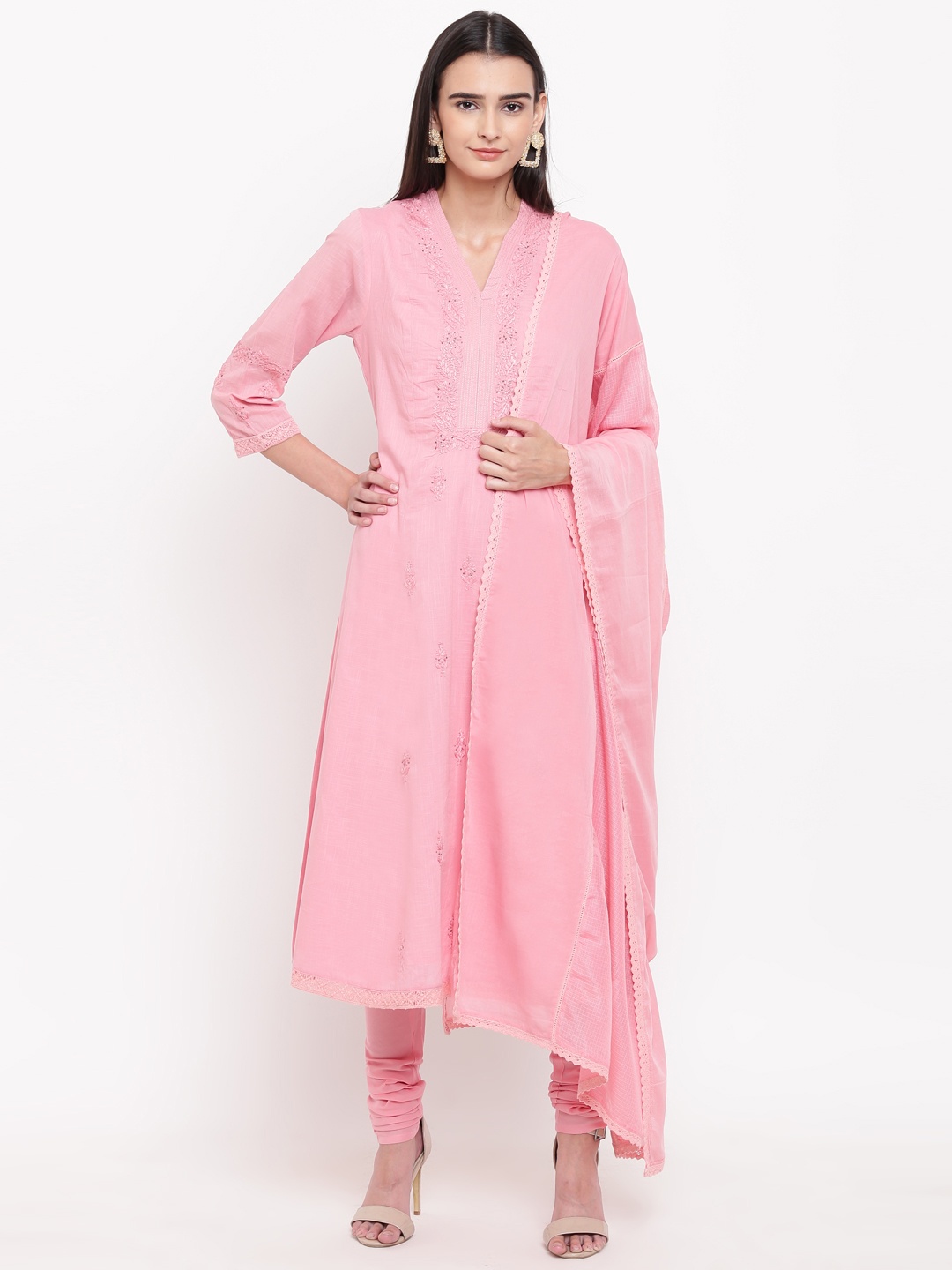 

Biba Women Pink Kurta with Churidar & Dupatta
