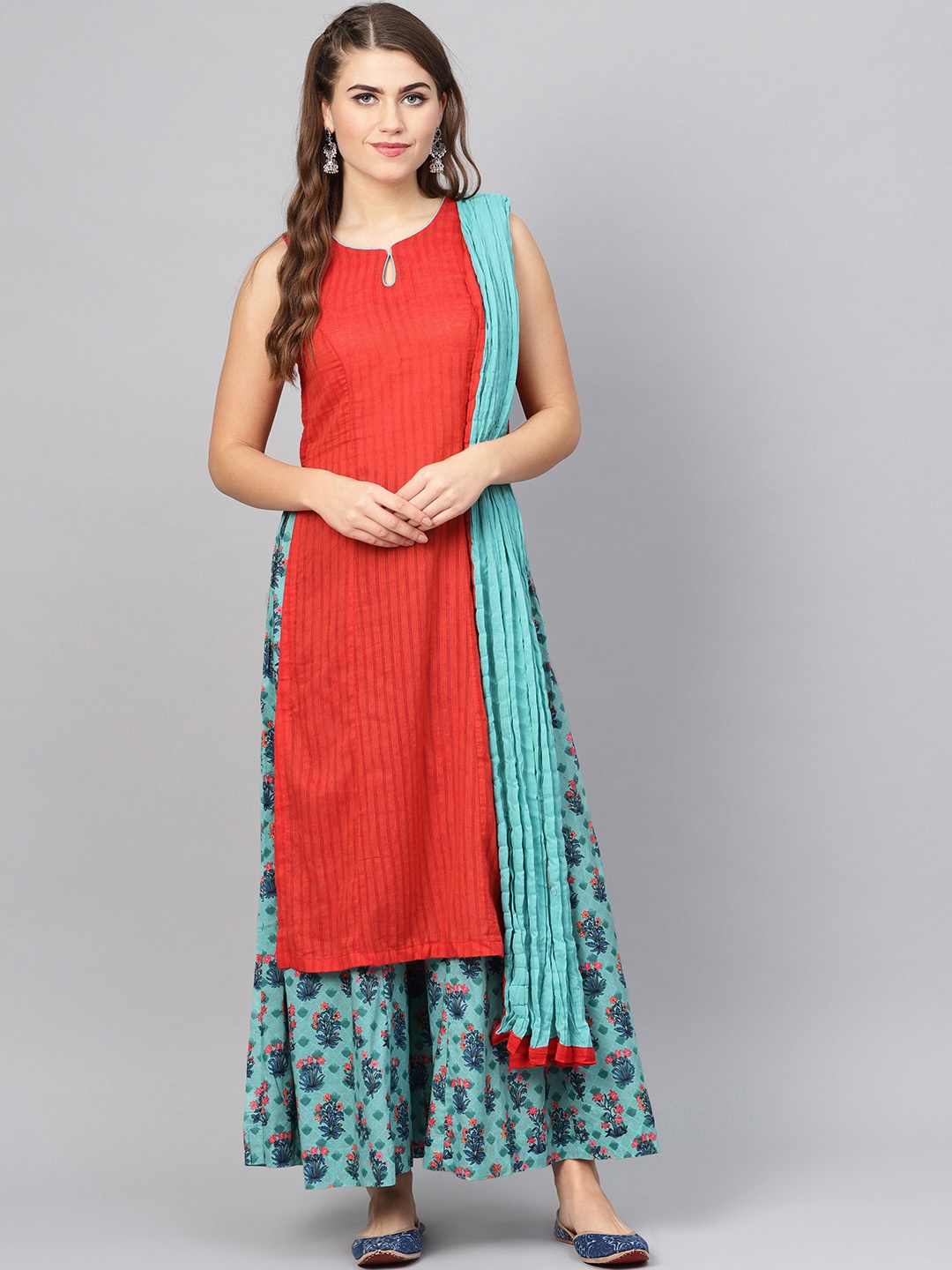 

Biba Women Red & Blue Self-Striped Kurta with Palazzos & Dupatta