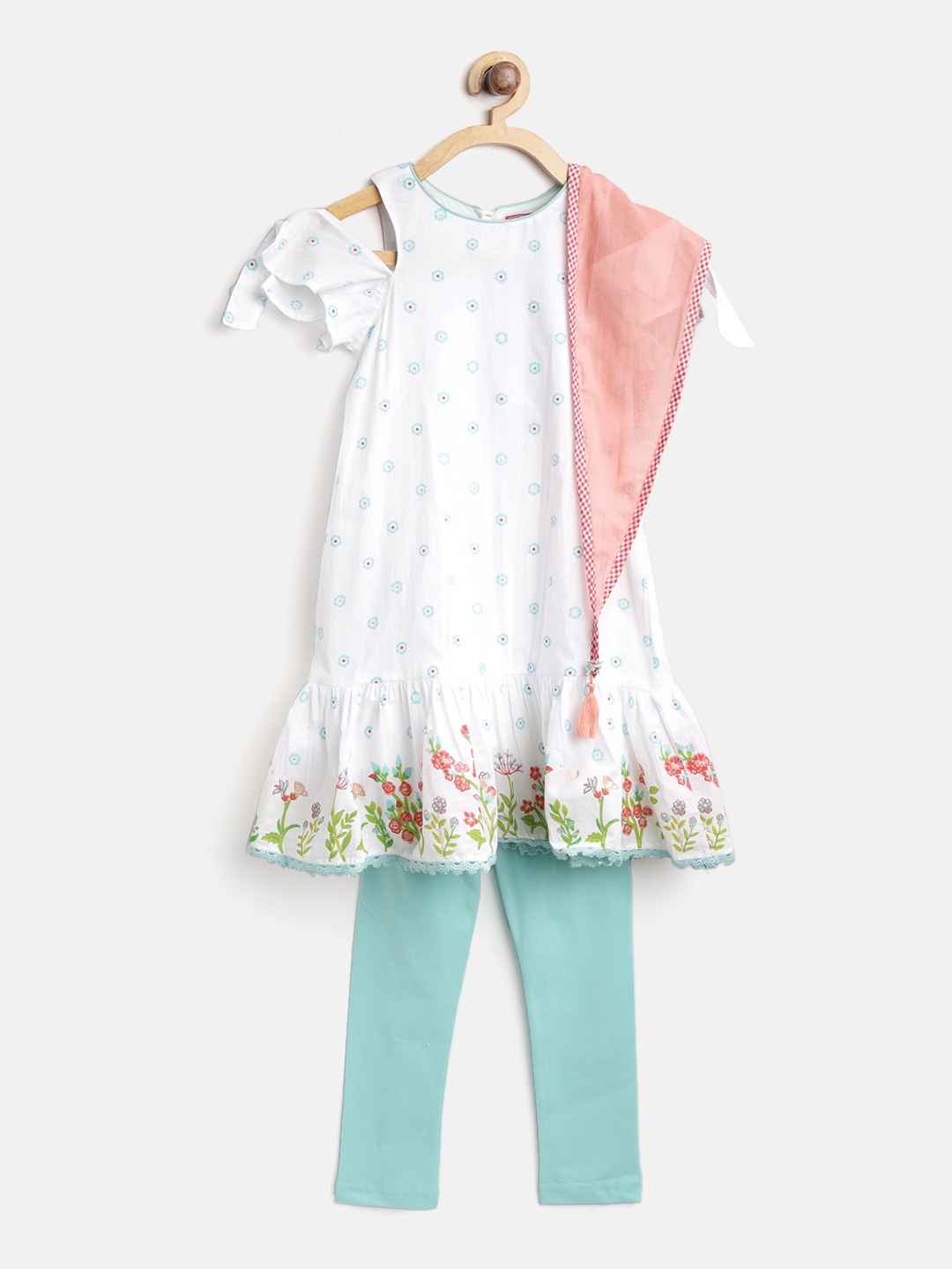 

Biba Girls White & Blue Printed Kurta with Churidar & Scarf