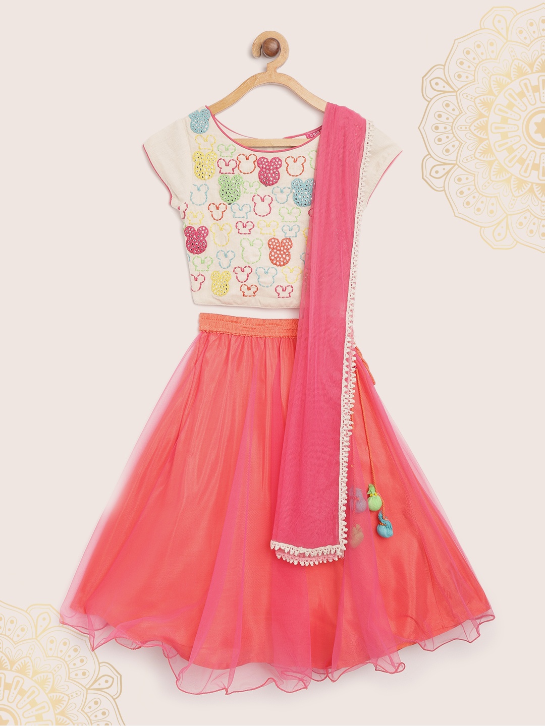 

Biba Girls Pink & Off-White Embroidered Ready to Wear Lehenga & Blouse with Dupatta