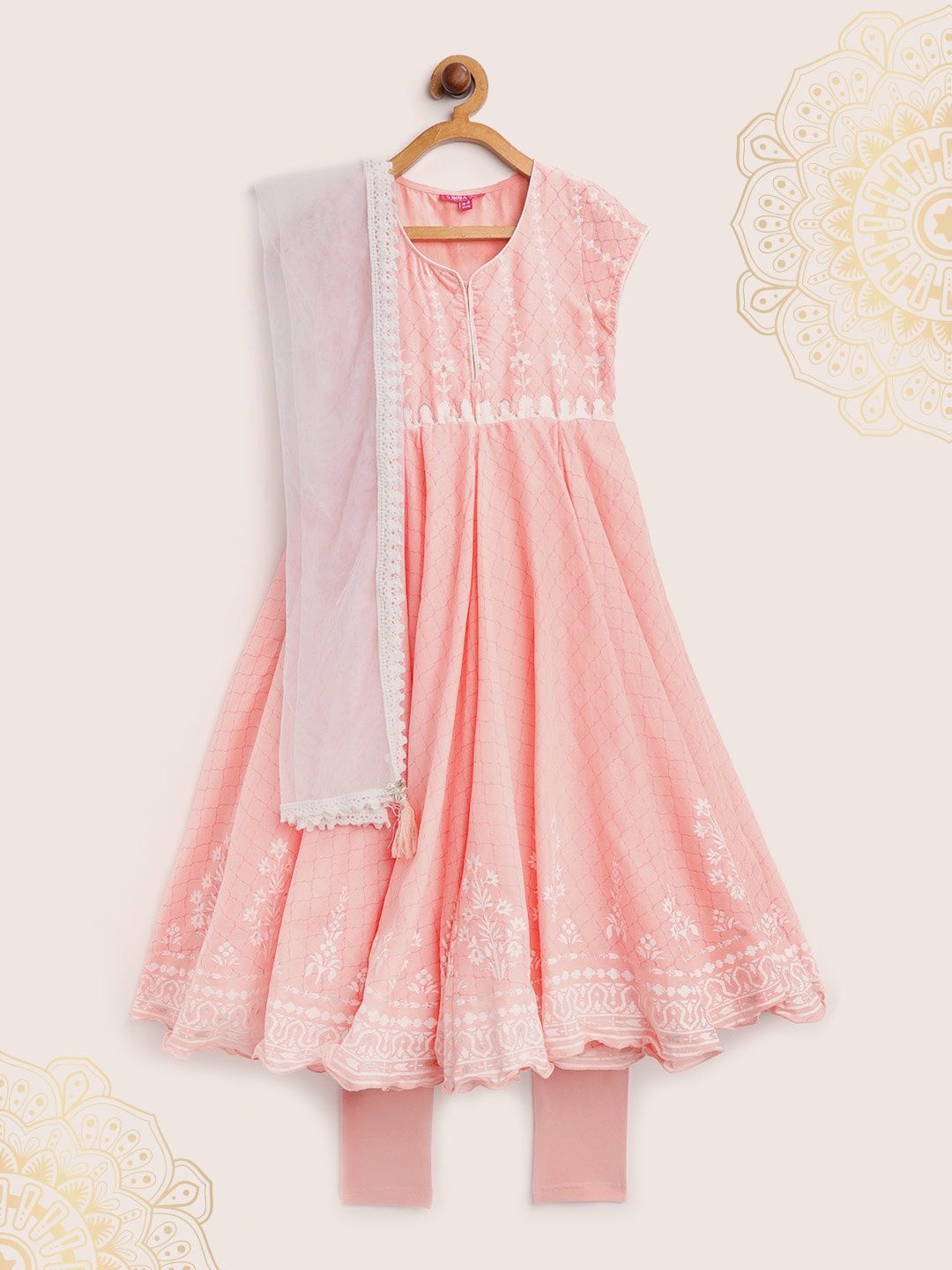 

Biba Girls Peach-Coloured & White Printed Anarkali Kurta with Churidar & Dupatta