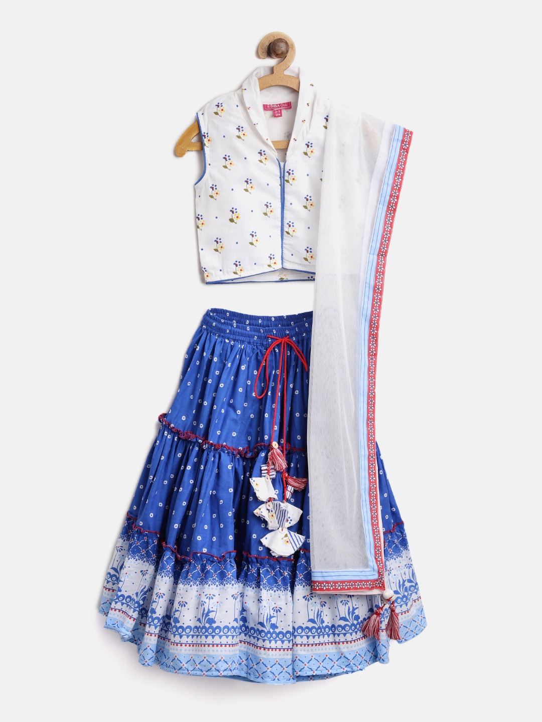 

Biba Girls White & Blue Printed Ready to Wear Lehenga & Blouse with Dupatta
