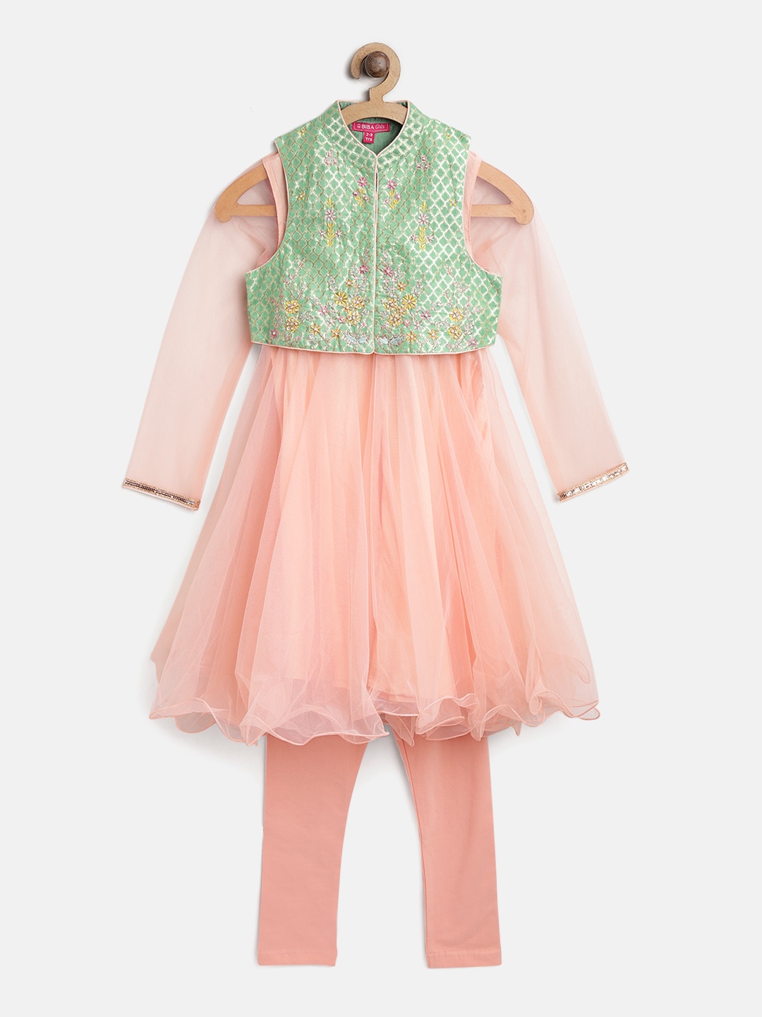 

Biba Girls Peach-Coloured & Green Solid Anarkali Kurta with Churidar & Dupatta
