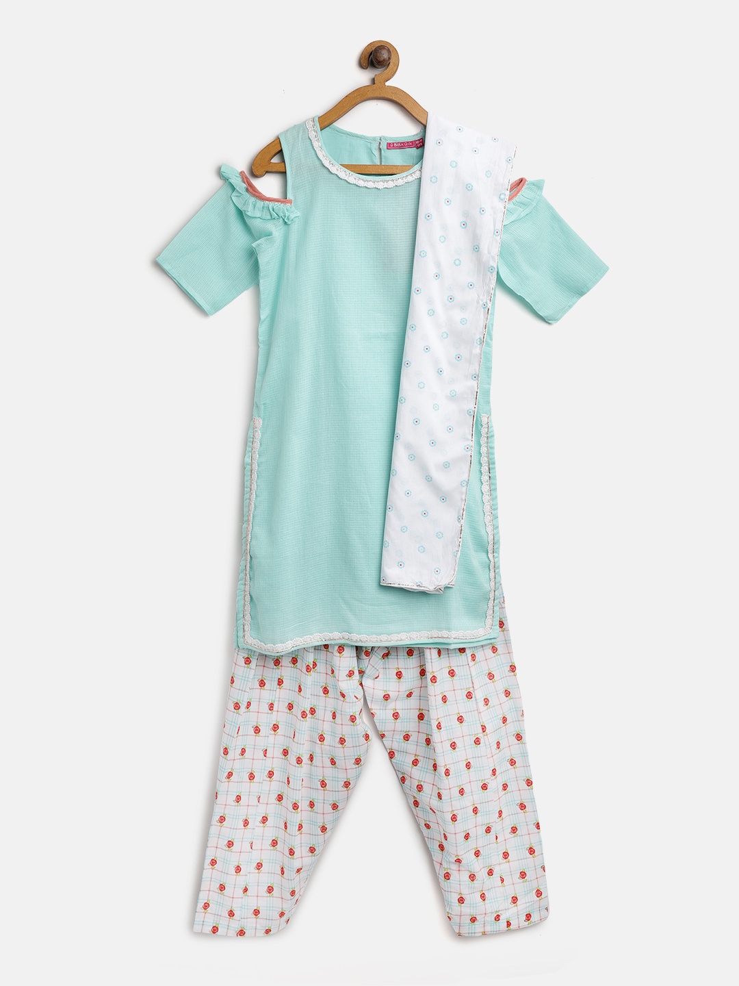 

Biba Girls Blue & White Solid Kurta with Printed Salwar & Dupatta