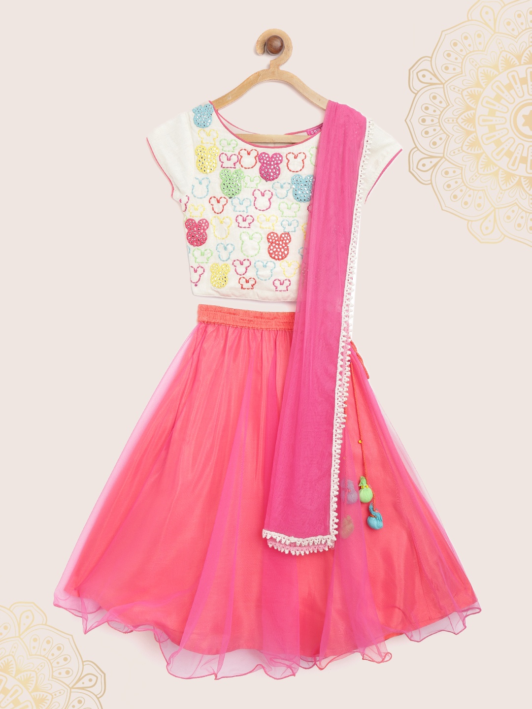 

Biba Girls Off-White & Pink Embroidered Ready to Wear Lehenga & Blouse with Dupatta