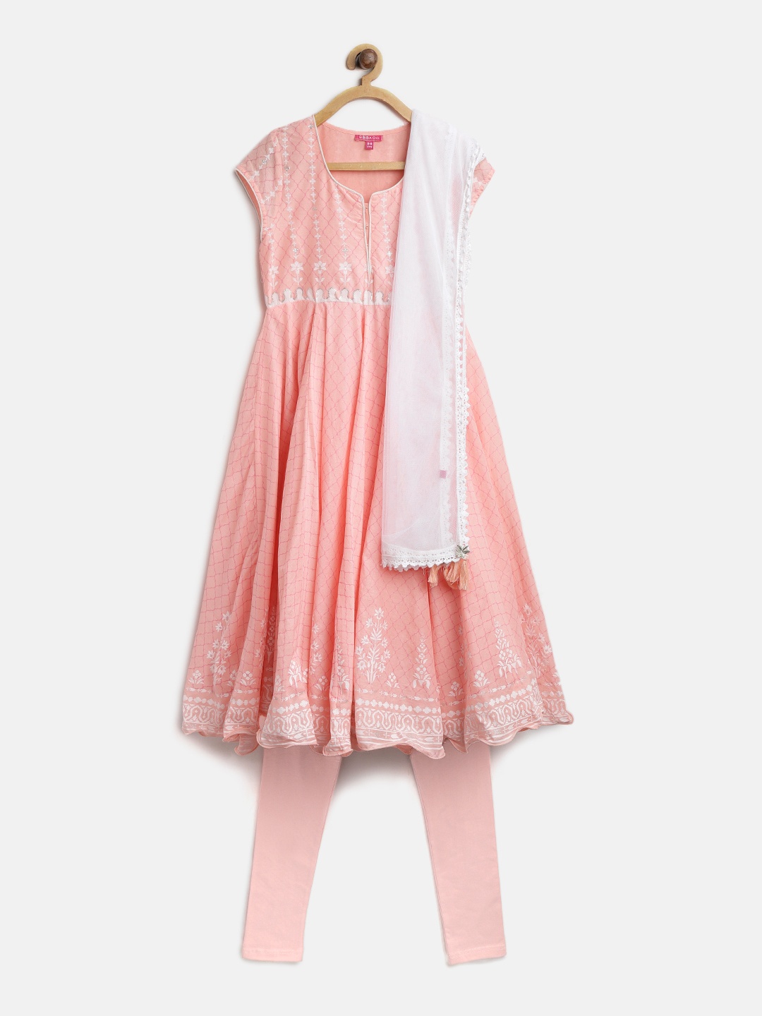 

Biba Girls Peach-Coloured Printed Kurta with Churidar & Dupatta