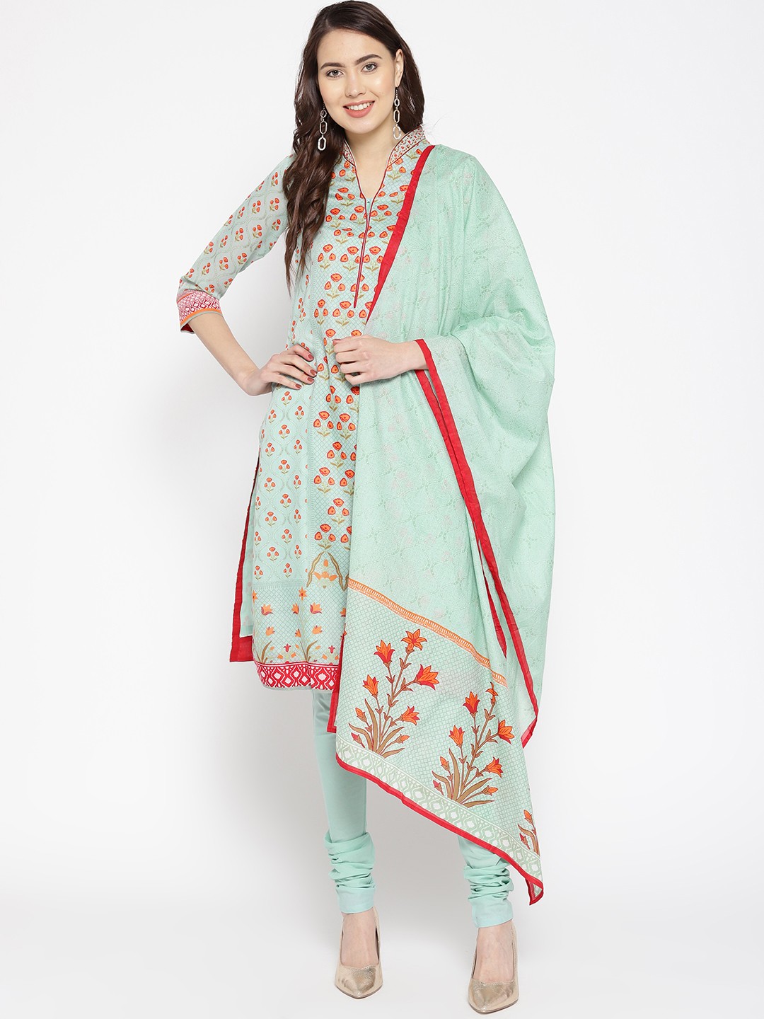 

Biba Women Sea Green & Red Printed Kurta with Churidar & Dupatta