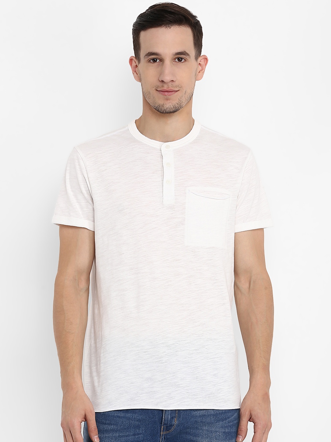 

Red Tape Men Cream-Coloured Solid Henley Neck T-shirt