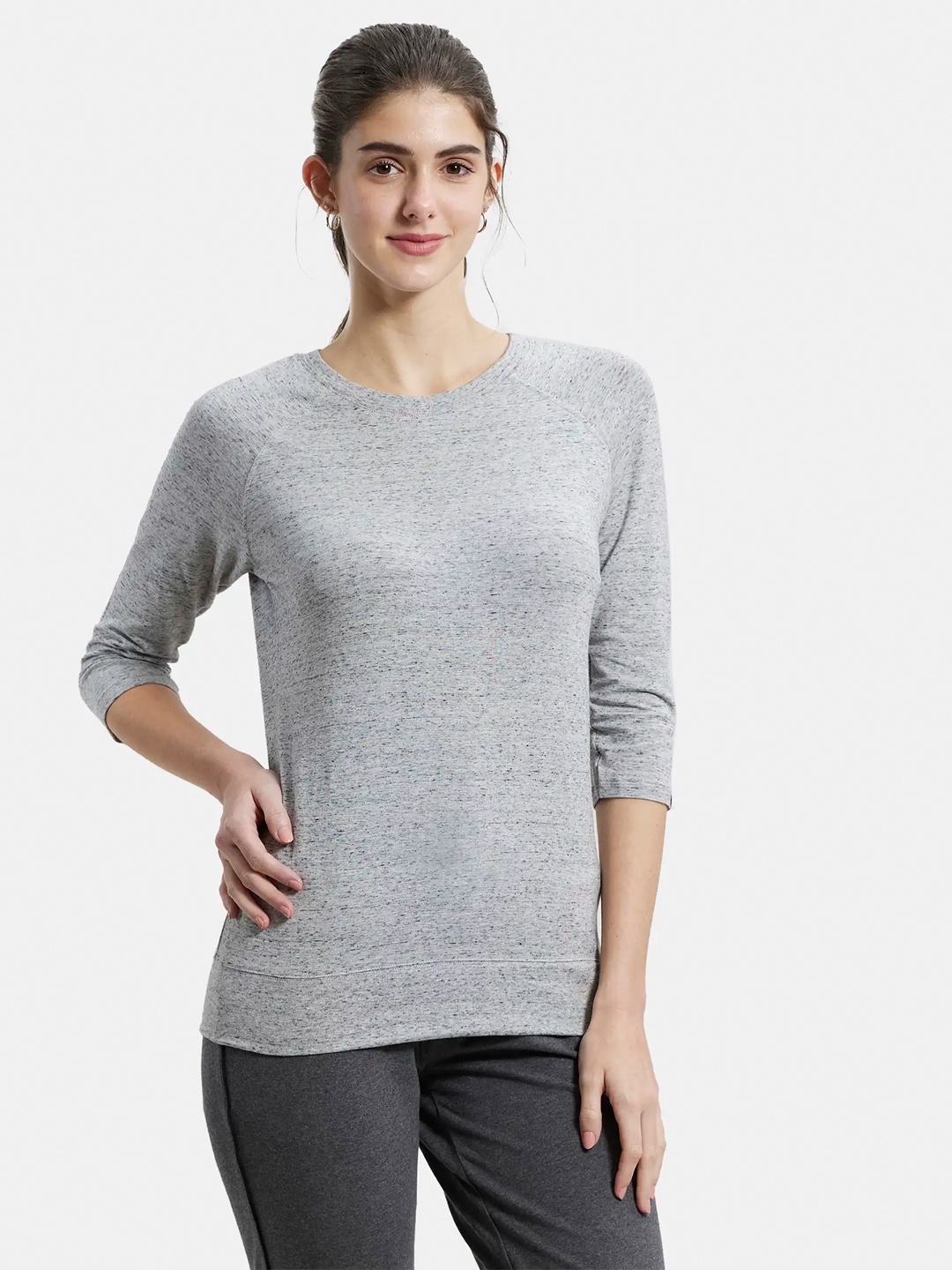 

Jockey Super Combed Cotton Viscose Solid Round Neck Three Quarter Sleeve Tshirt-AW14, Grey