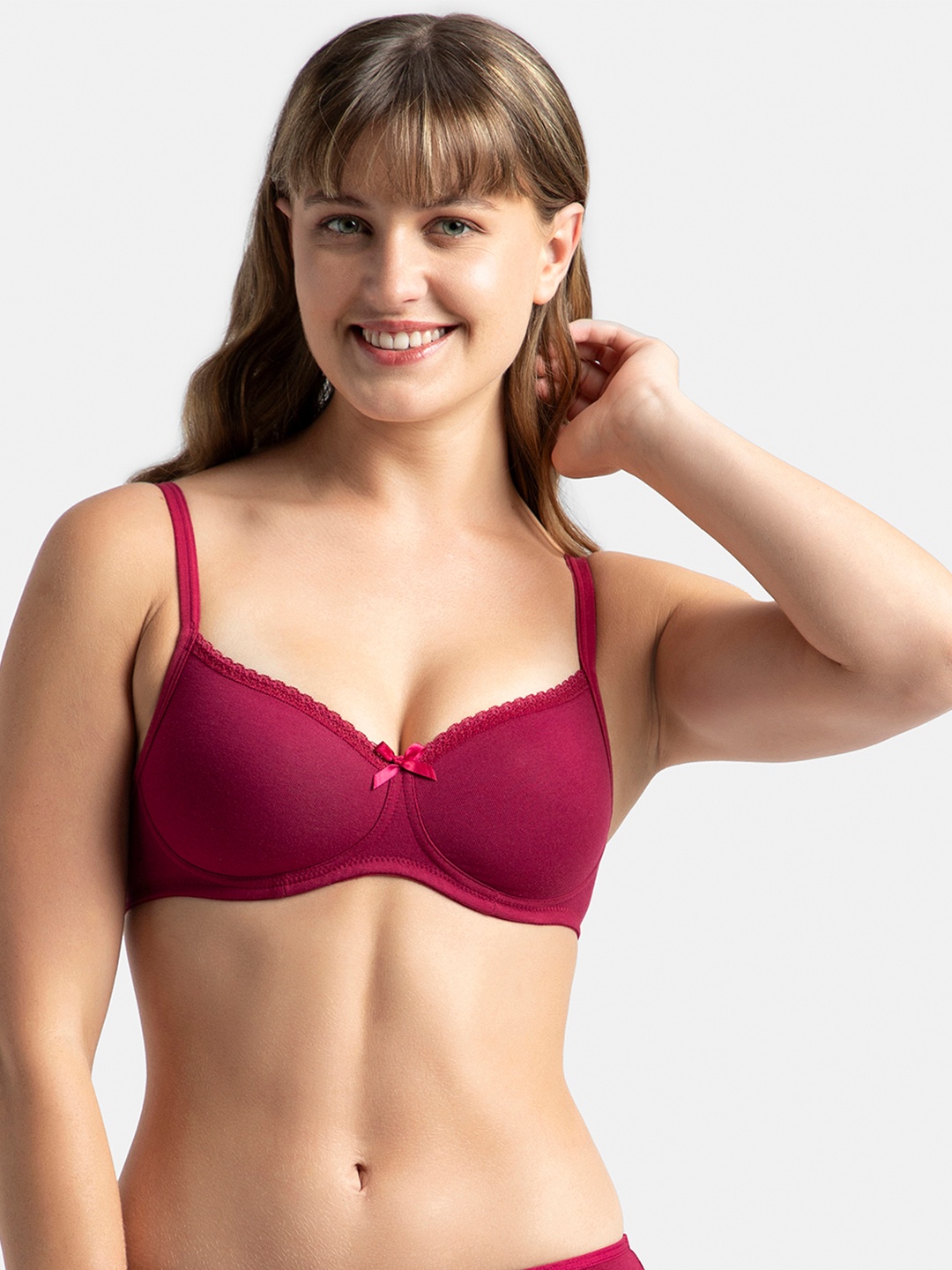 

Jockey Wirefree Padded Plus Size Cotton Medium Coverage Tshirt Bra with Lace Styling -1723, Burgundy