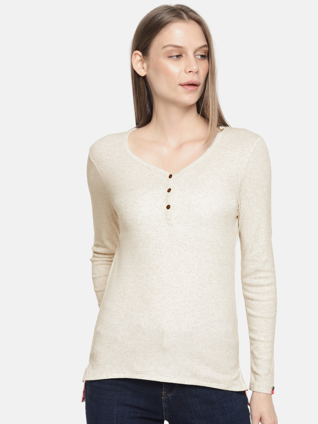 

Jockey Women Off-White Solid Henley Neck T-shirt