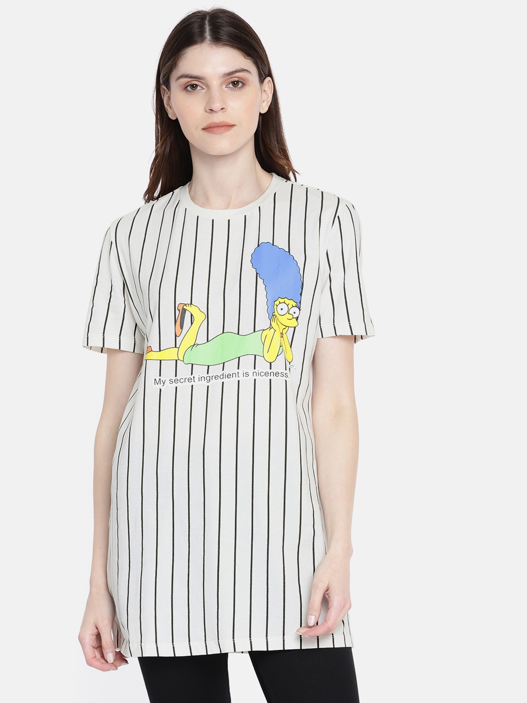 

ONLY Women White Black Striped Round Neck Longline Pure Cotton T-shirt