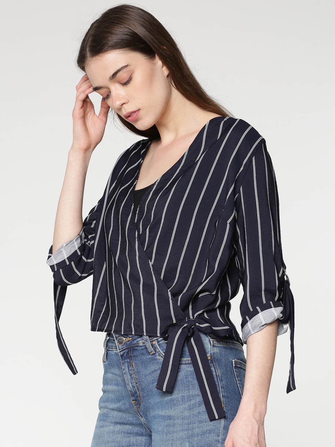 

ONLY Women Navy Blue & White Striped Top