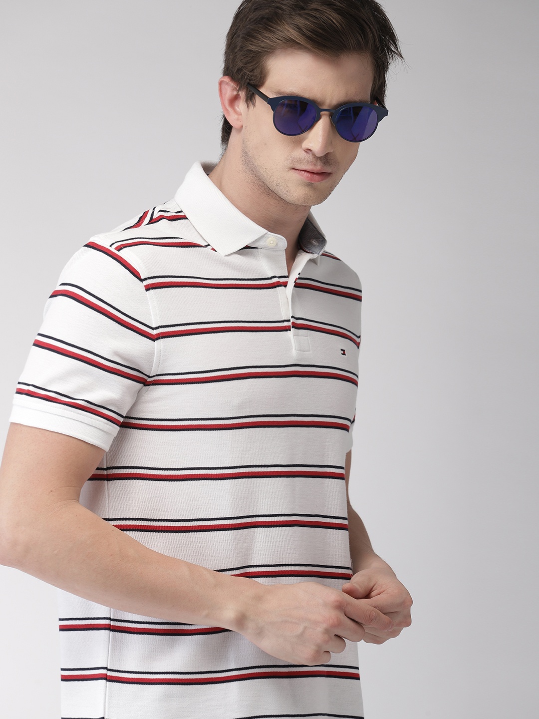 

Tommy Hilfiger Men White & Red Striped Polo T-shirt