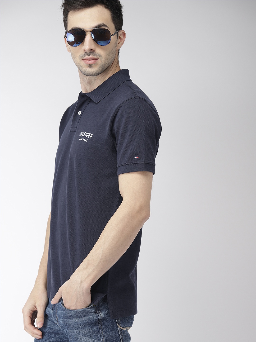 

Tommy Hilfiger Men Navy Blue Solid Polo Pure Cotton T-shirt