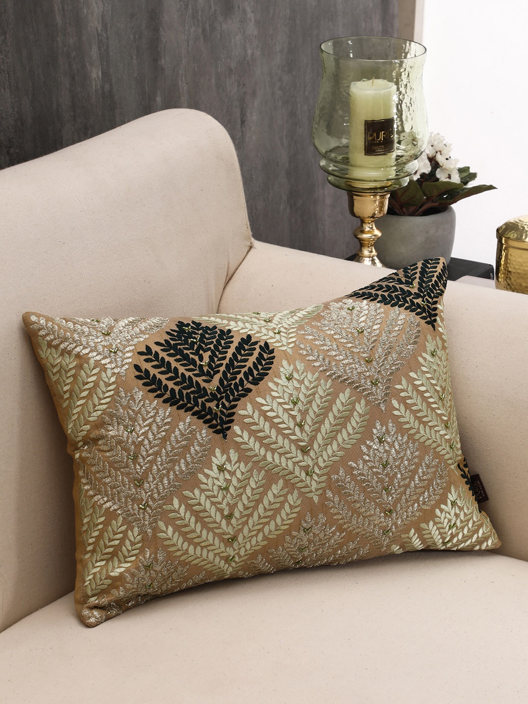 

Pure Home and Living Brown & Green Single Phulkari Rectangle Cushion Cover