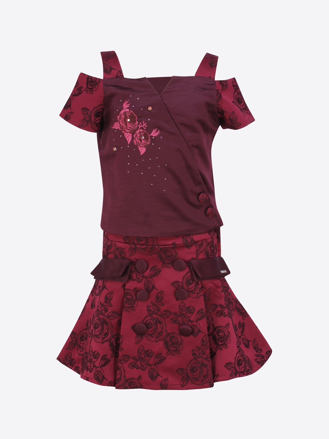 

CUTECUMBER Girls Burgundy Embellished Top with Skirt