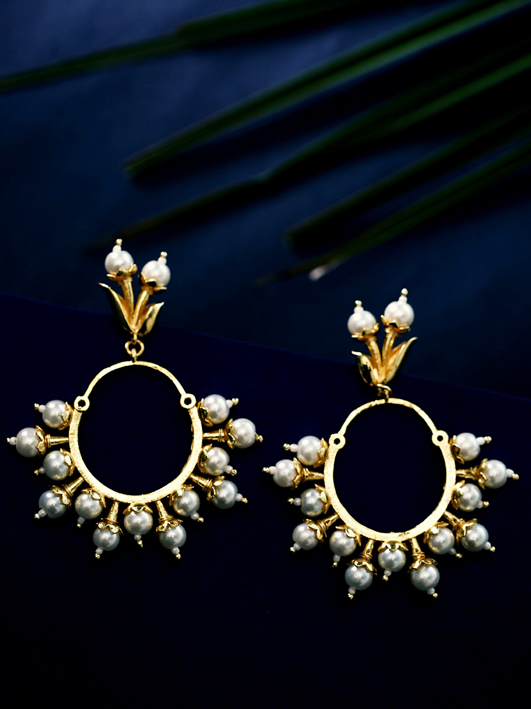 

Voylla Gold-Toned & White Circular Drop Earrings