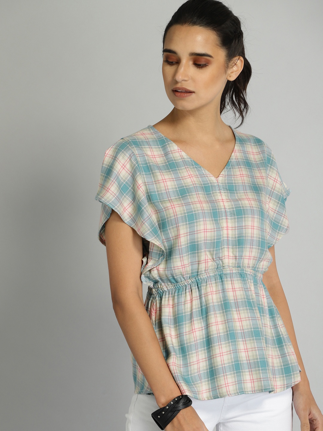 

The Roadster Lifestyle Co Women Cream-Coloured Blue Checked Cinched Waist Top