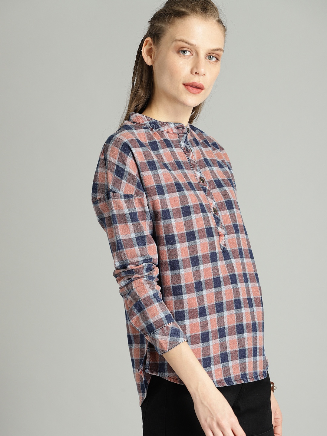 

The Roadster Lifestyle Co Women Rust Orange & Navy Blue Checked Shirt Style Pure Cotton Top