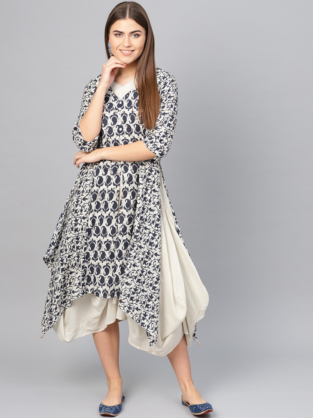 

Biba Women Cream-Coloured & Navy Blue Printed Layered A-Line Dress