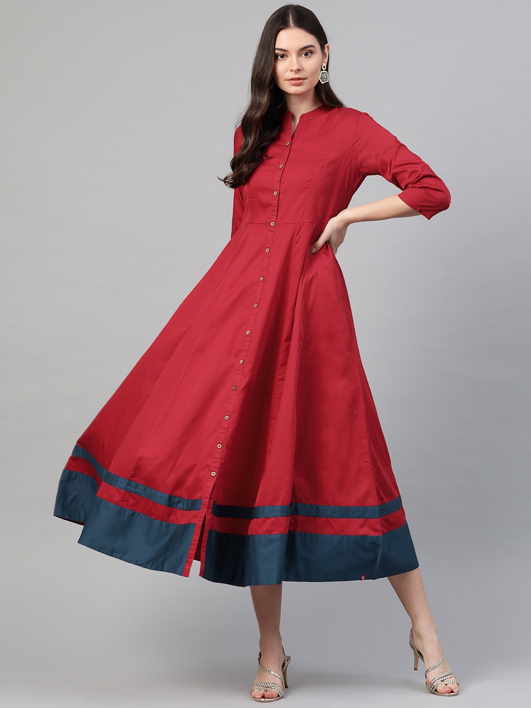 

Biba Women Red & Navy Blue Striped Detail Pure Cotton A-Line Dress