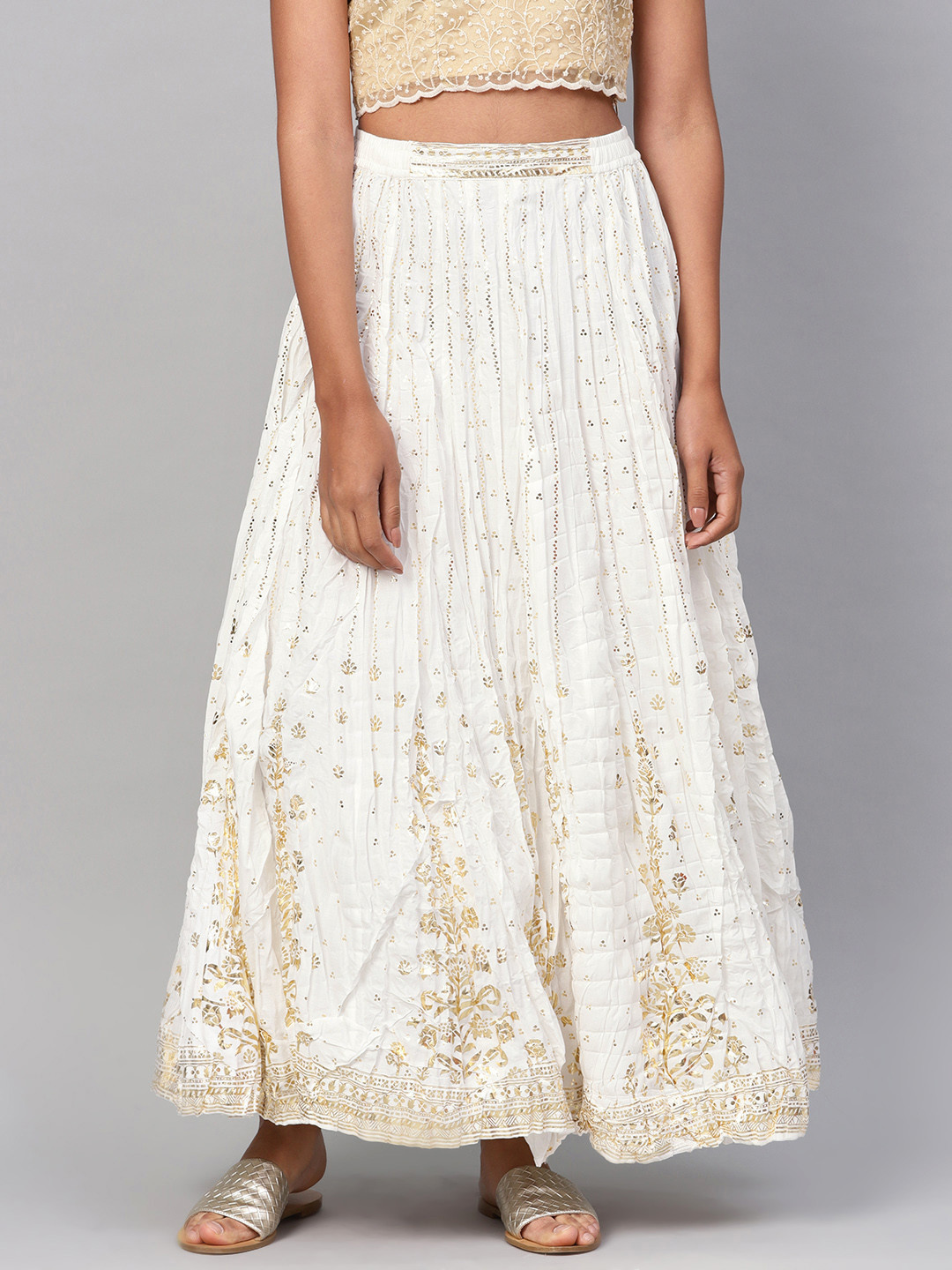 

Biba Women Off-White & Golden Printed Maxi Flared Pure Cotton Skirt