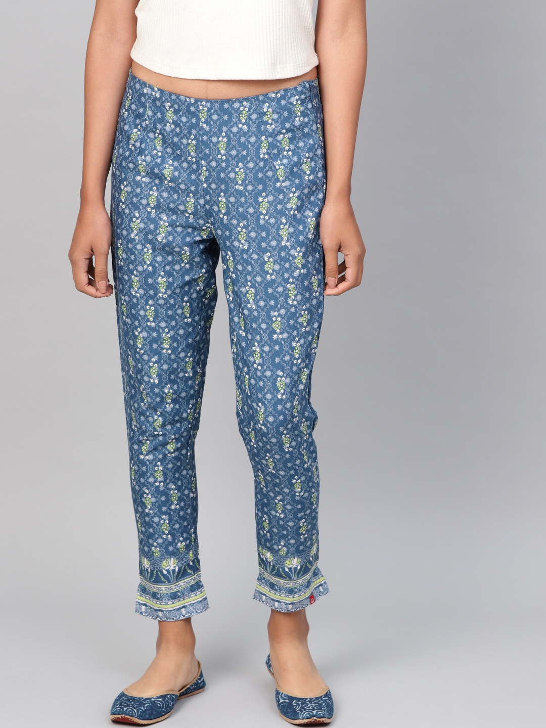 

Biba Women Navy Blue & Green Straight Fit Printed Regular Trousers