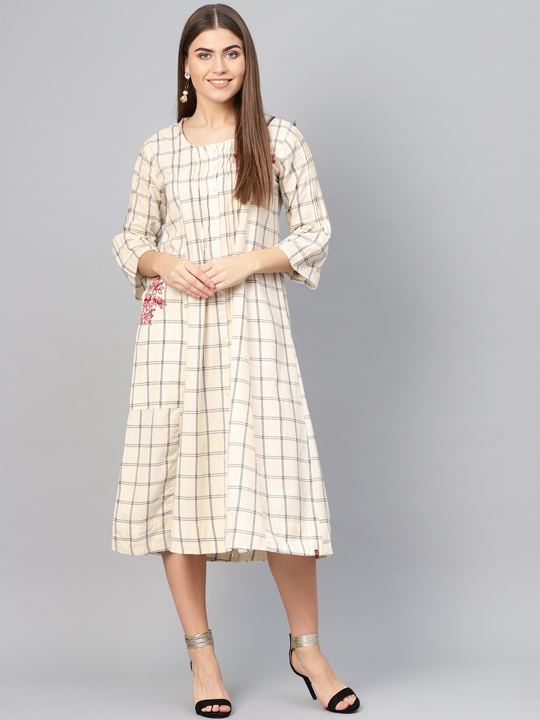 

Biba Women Cream-Coloured Checked A-Line Dress