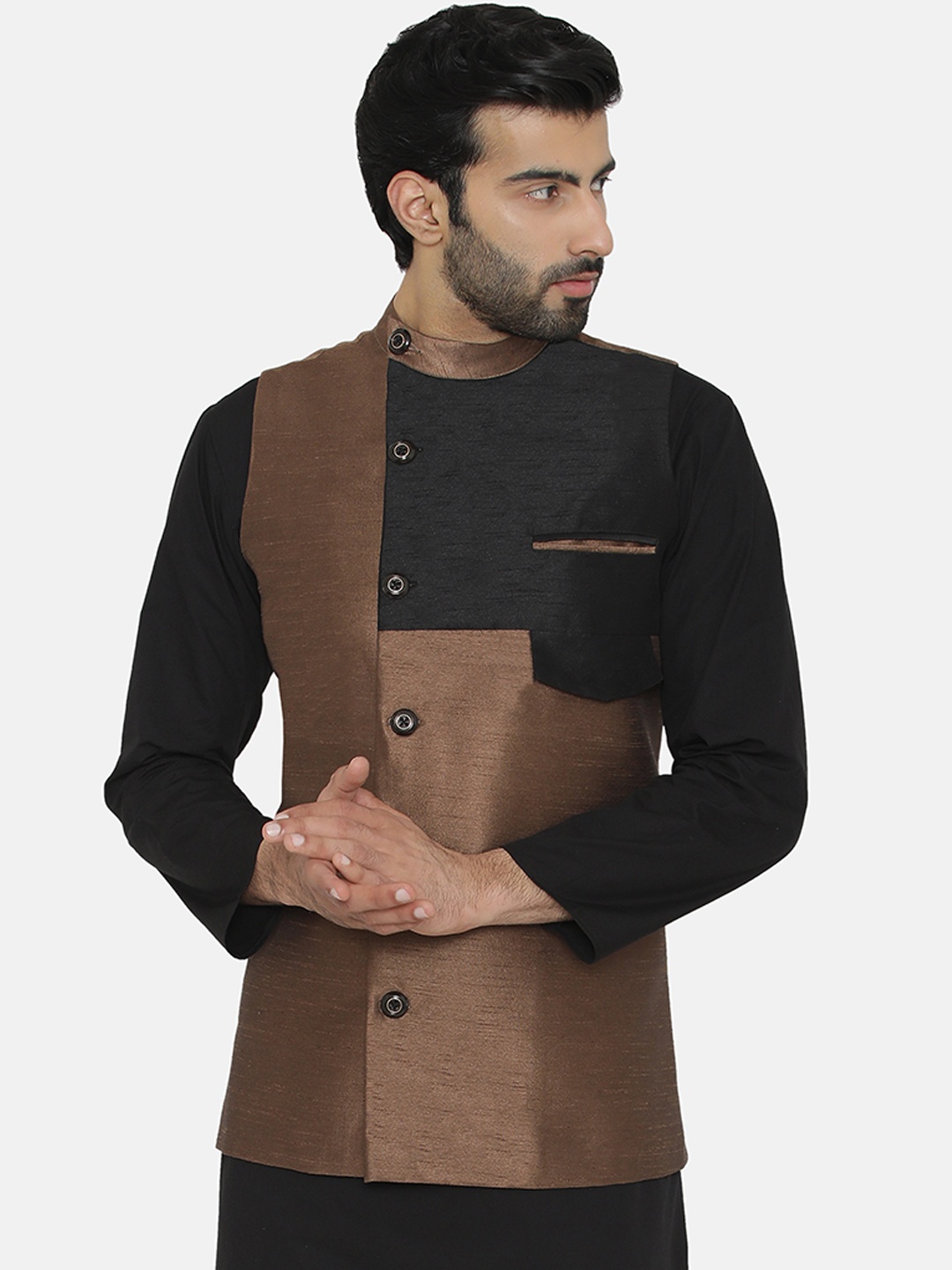 

Raas Men Brown & Black Colourblocked Woven Nehru Jacket