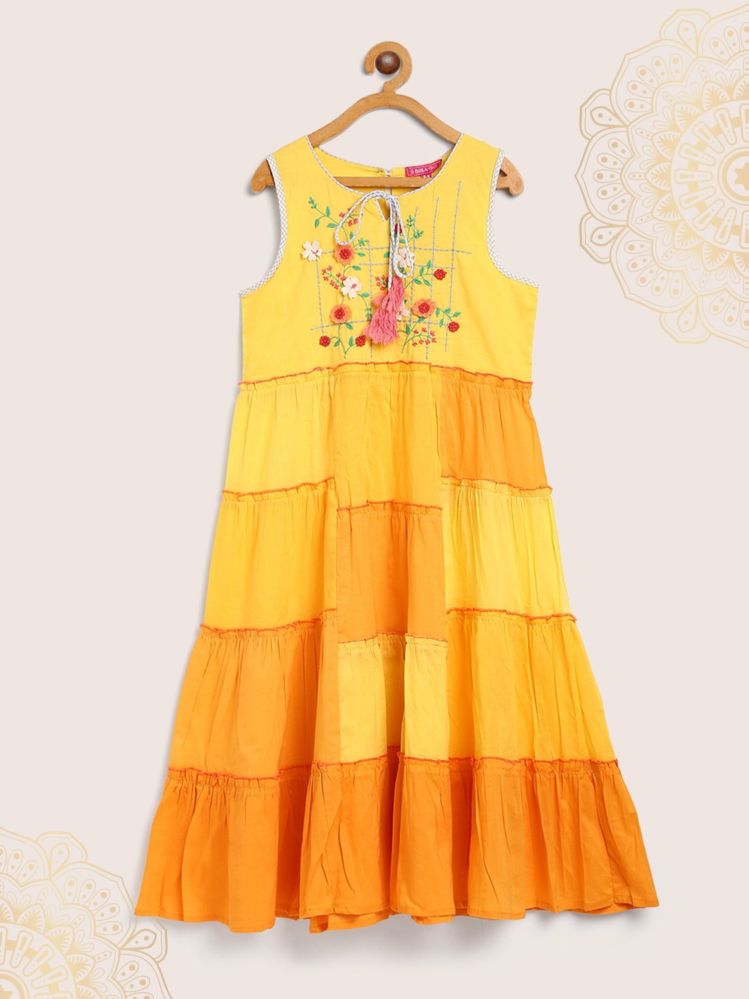 

Biba Girls Yellow & Orange Colourblocked Tiered A-Line Dress