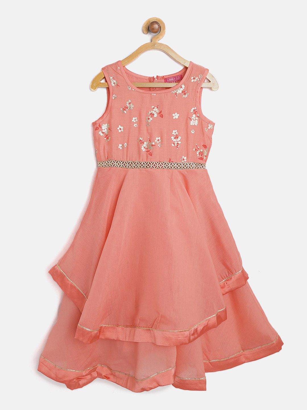 

Biba Girls Coral Pink Solid Maxi Dress with Printed Detail