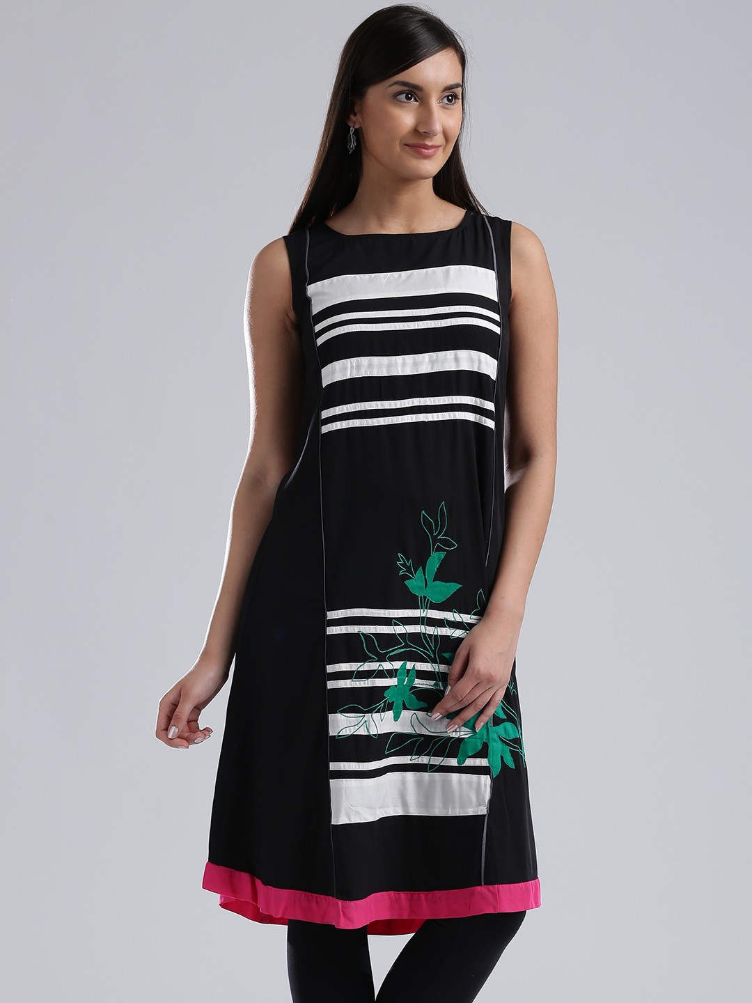 

W Black Women A-Line Kurta with Applique Detail