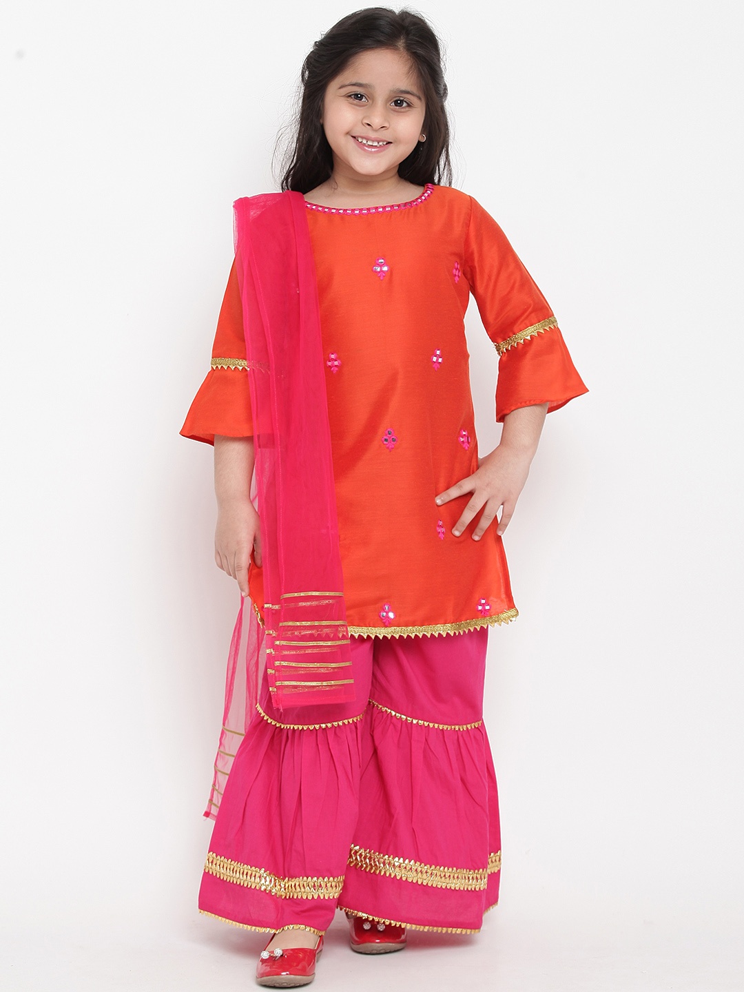 

Bitiya by Bhama Girls Orange & Pink Embroidered Kurta with Palazzos & Dupatta