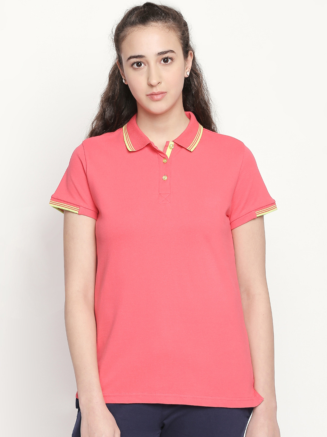 

Ajile by Pantaloons Women Pink Solid Polo Collar Pure Cotton T-shirt