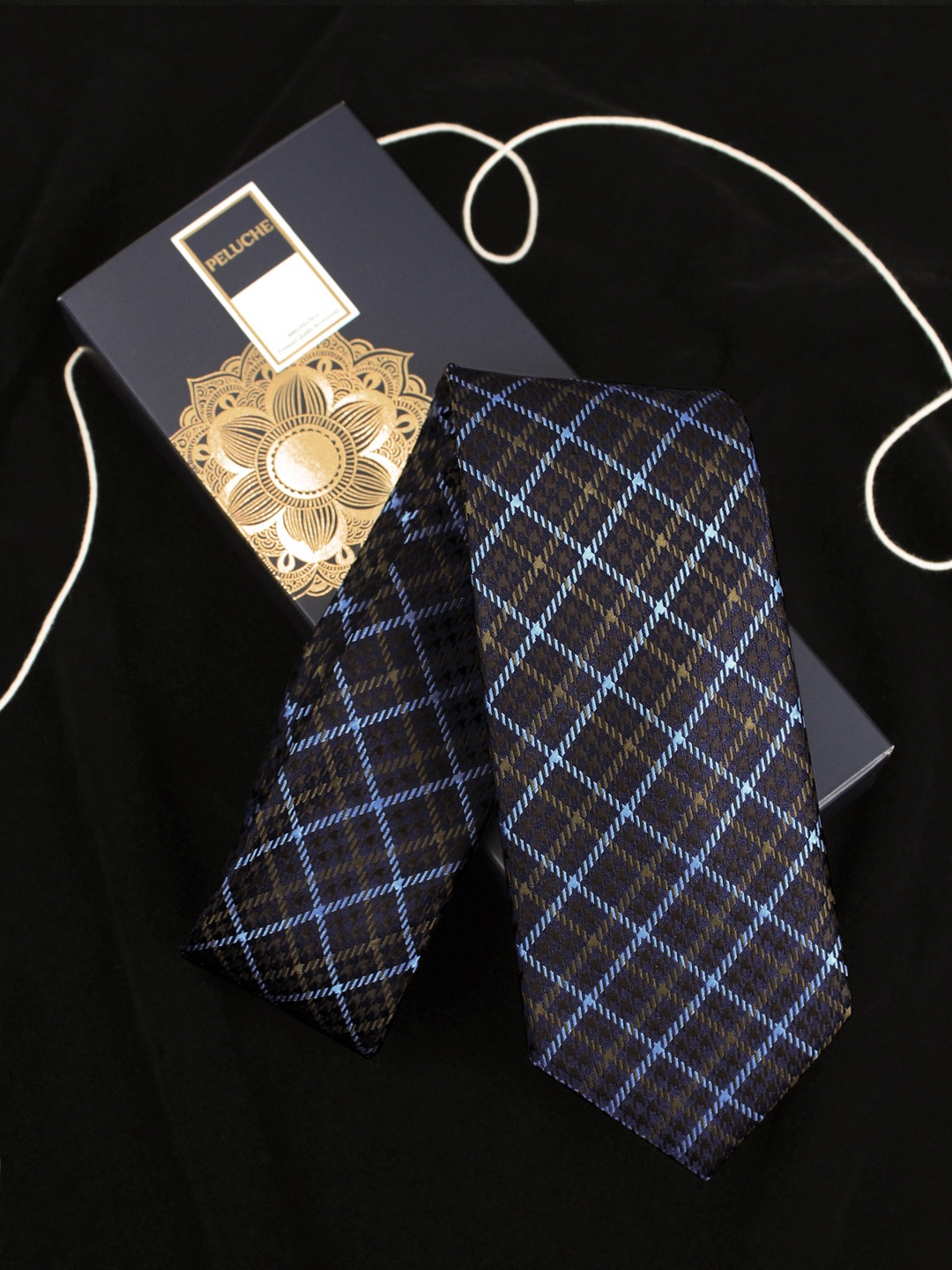 

PELUCHE Navy Blue & Brown Checked Broad Tie